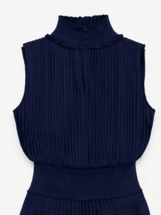 Nanette Lepore Navy Pleated Midi Dress Size 4 Sleeveless High Neck Minimalist - Picture 4 of 8